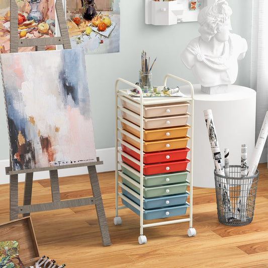 Carrito organizador de almacenamiento rodante de 10 cajones con 4 ruedas universales - Macarón multicolor