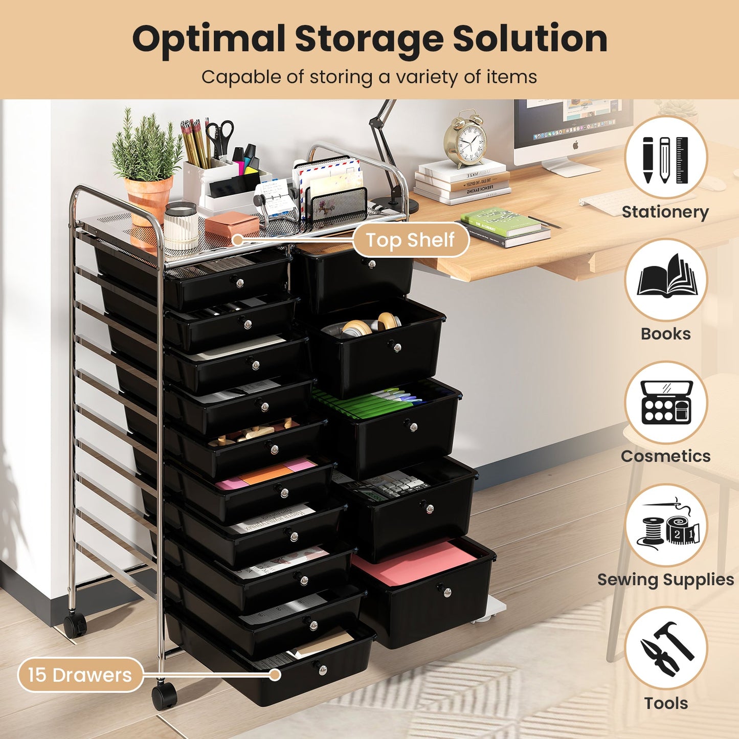 Rolling Storage Cart 15-Drawer Trolley with Chrome Plated Metal Frame