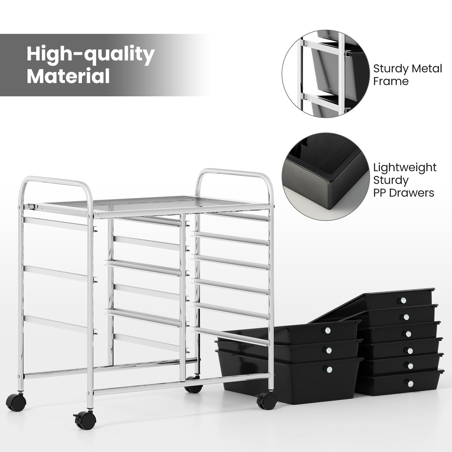 9-Drawer Rolling Storage Cart with Colorful Drawers and Metal Frame-Black