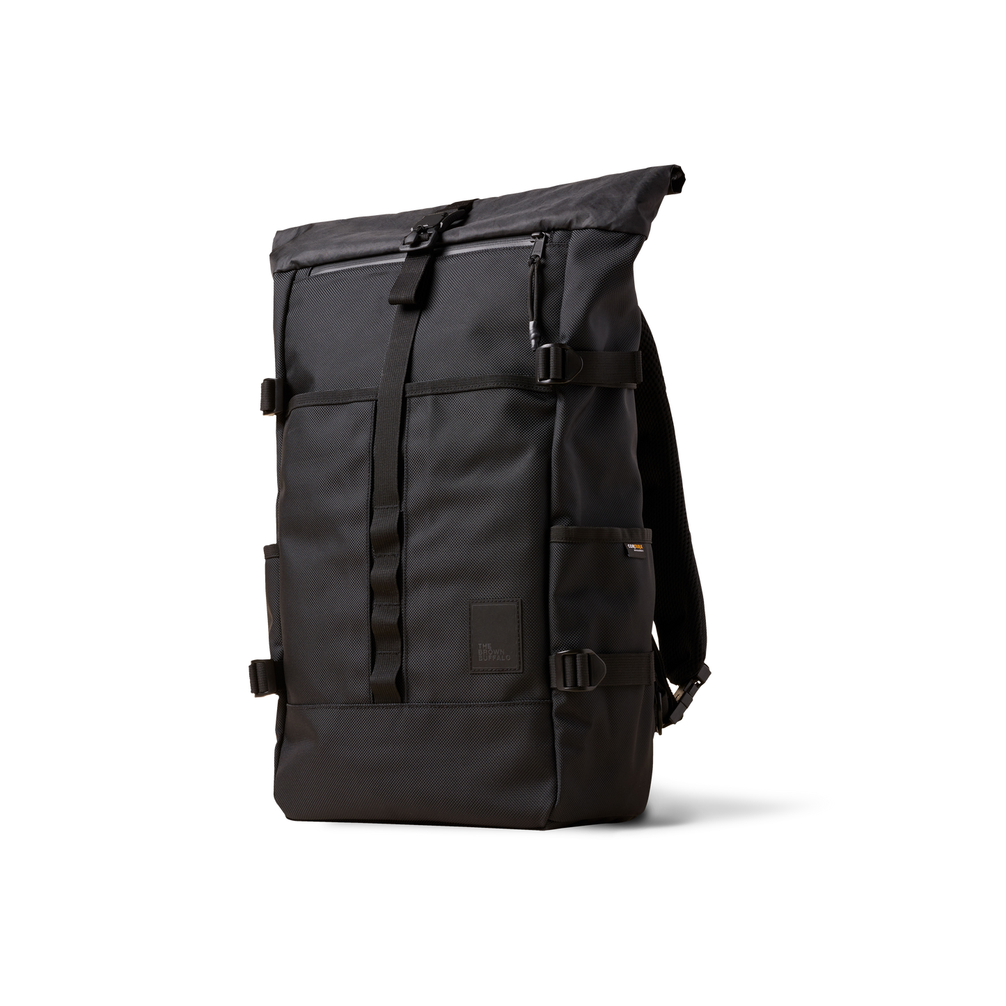 Rolltop backpack The Brown Buffalo in black rugged fabric with roll-top closure on Tampa Home & Garden Store