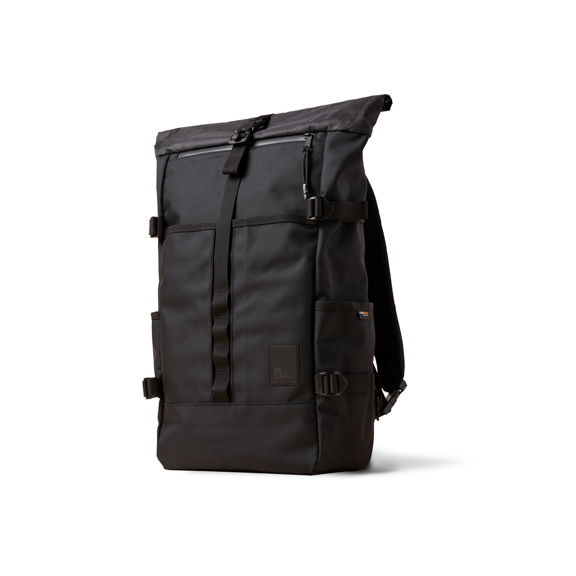 Rolltop backpack The Brown Buffalo in black rugged fabric with roll-top closure on Tampa Home & Garden Store