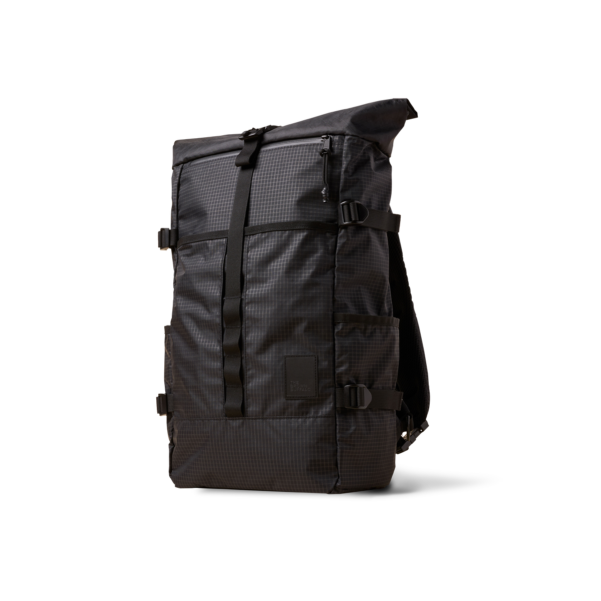 Rolltop backpack The Brown Buffalo in dark gray grid fabric with top closure and web straps on Tampa Home & Garden Store