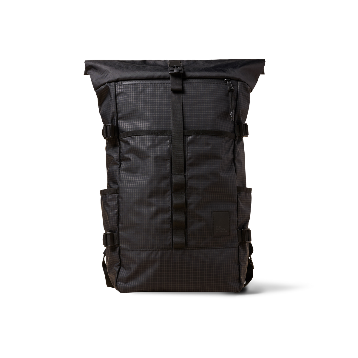 Rolltop backpack The Brown Buffalo in dark gray grid pattern with buckle closure on Tampa Home & Garden Store