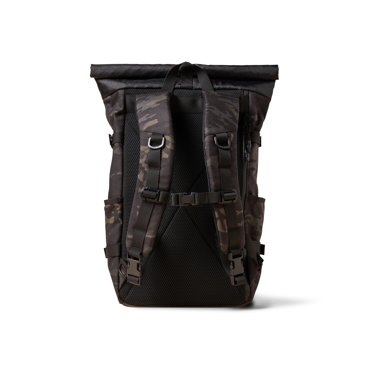 Rolltop backpack The Brown Buffalo camouflage pattern with black straps on Tampa Home & Garden Store