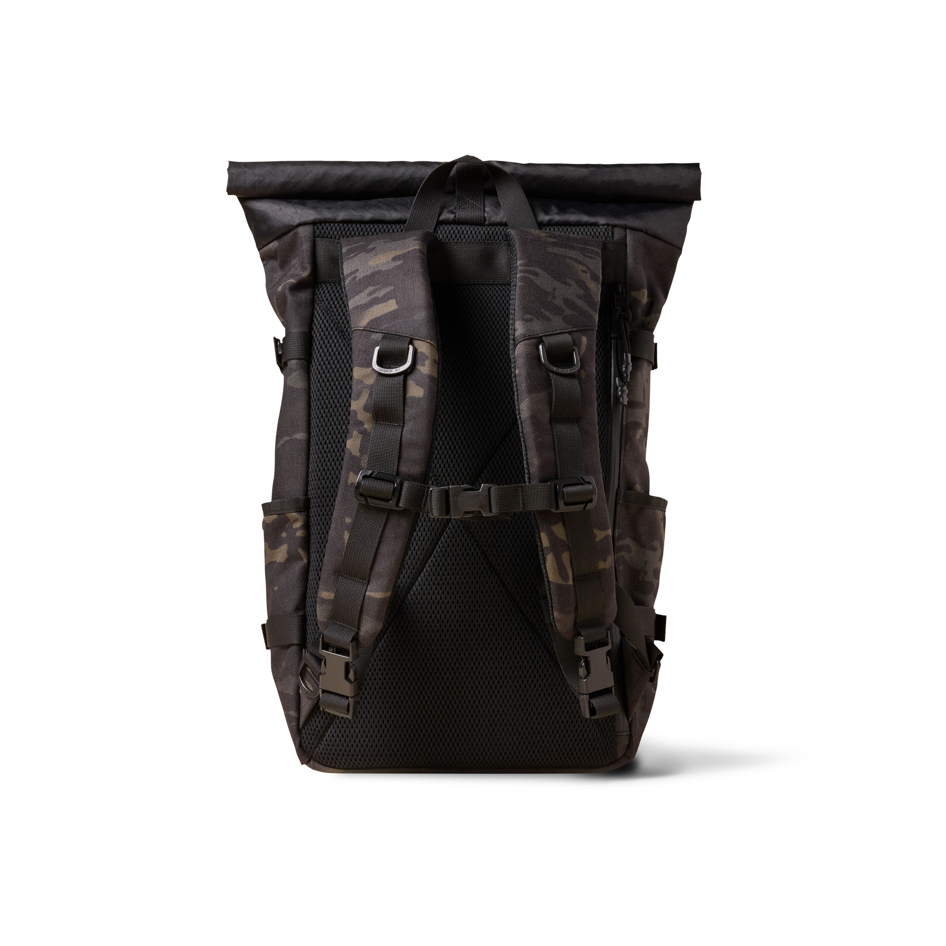 Rolltop backpack The Brown Buffalo camouflage pattern with black straps on Tampa Home & Garden Store