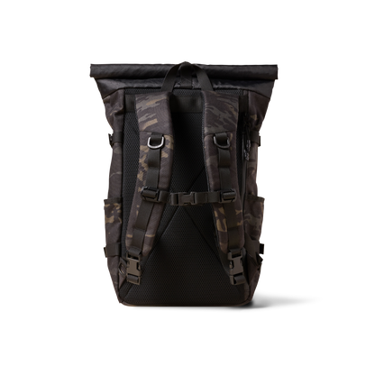 Rolltop backpack The Brown Buffalo camouflage pattern with black straps on Tampa Home & Garden Store