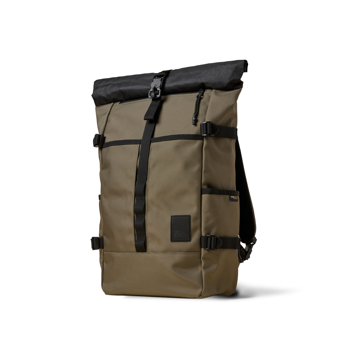 Rolltop backpack khaki with black roll-top closure and buckle by The Brown Buffalo on Tampa Home & Garden Store