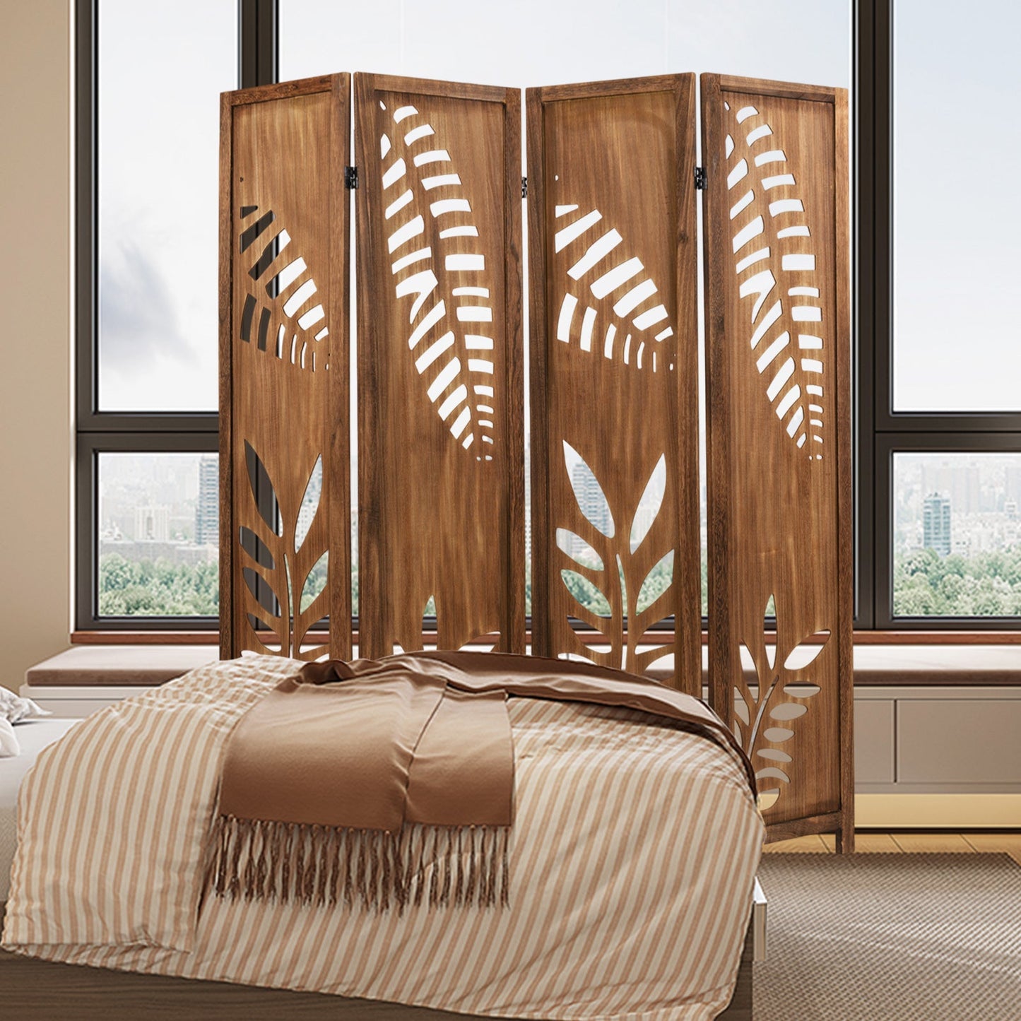 Room Divider 5.6 FT Folding Partition Stand with Double Action Metal Hinges