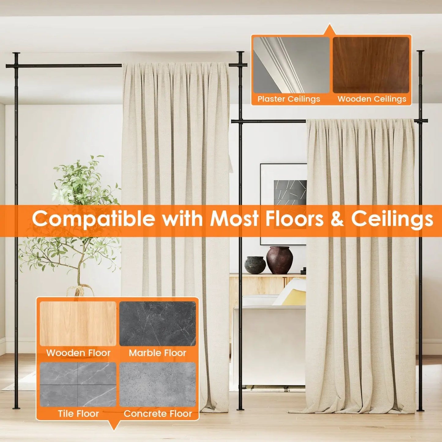 Room Divider Curtain Rod with Floor to Ceiling