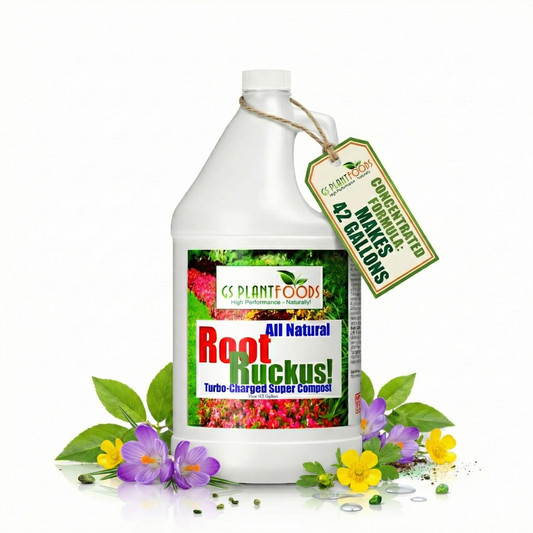 Root Ruckus Turbo Charged Liquid Compost bottle, white plastic jug with GS Plant Foods tag on Tampa Home & Garden Store