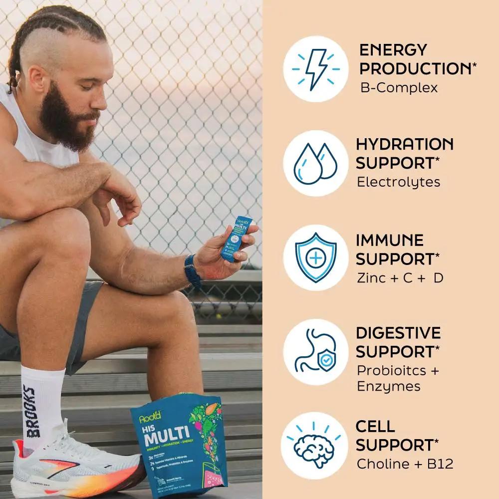 Root'd Advanced Daily Nutrition electrolytes for men bottle held by athlete; blue packaging on Tampa Home & Garden Store