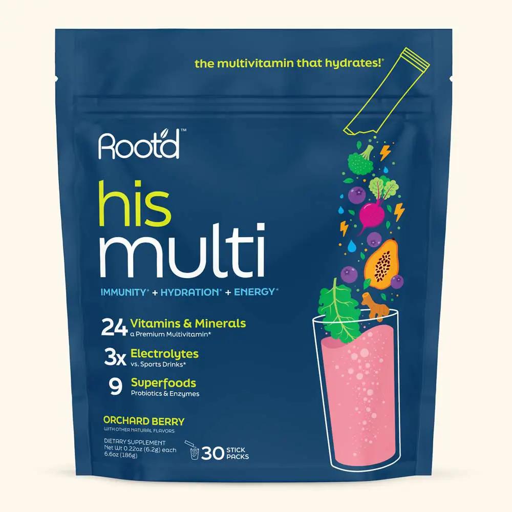 Advanced Daily Nutrition for Men electrolytes by Root'd in a blue pouch with graphics 30 sticks on Tampa Home & Garden Store