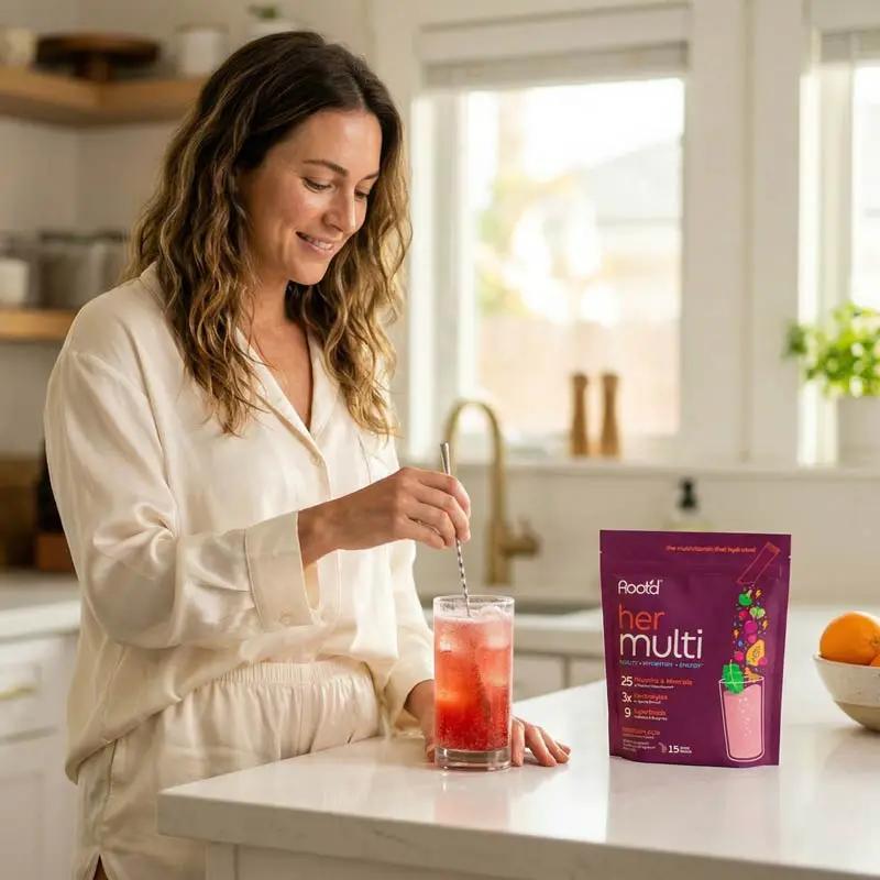 Root'd Advanced Daily Nutrition for Her multivitamin on kitchen counter; woman stirs red drink on Tampa Home & Garden Store