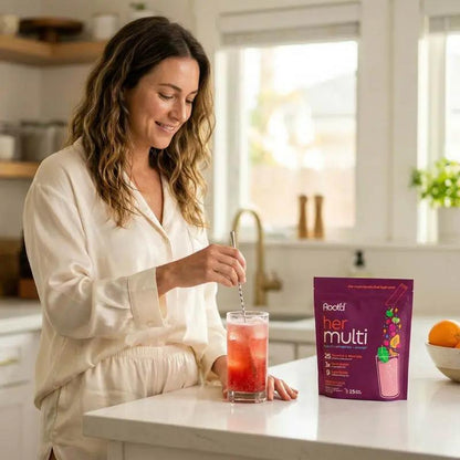 Root'd Advanced Daily Nutrition for Her multivitamin on kitchen counter; woman stirs red drink on Tampa Home & Garden Store