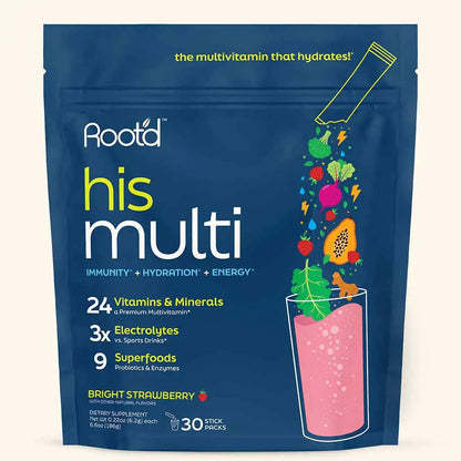 Root'd his multi daily nutrition electrolytes pouch in blue with fruit graphic on Tampa Home & Garden Store