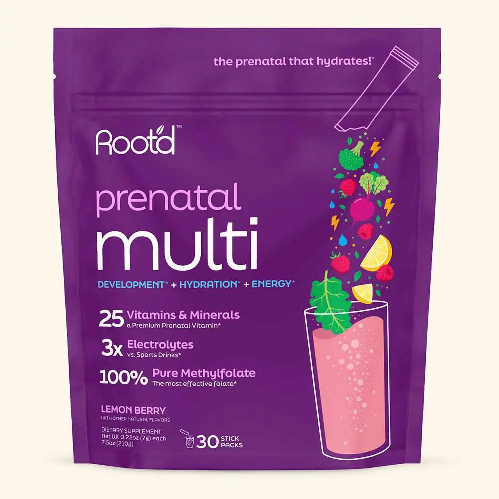 Root'd prenatal multi vitamin pouch in purple with fruit splash, 30 stick packs on Tampa Home & Garden Store