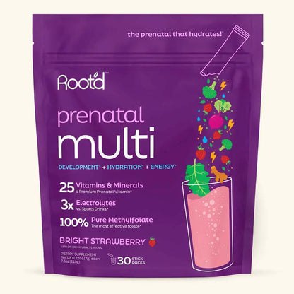Prenatal multivitamin + electrolytes by Root'd in purple pouch, Bright Strawberry, 30 sticks on Tampa Home & Garden Store