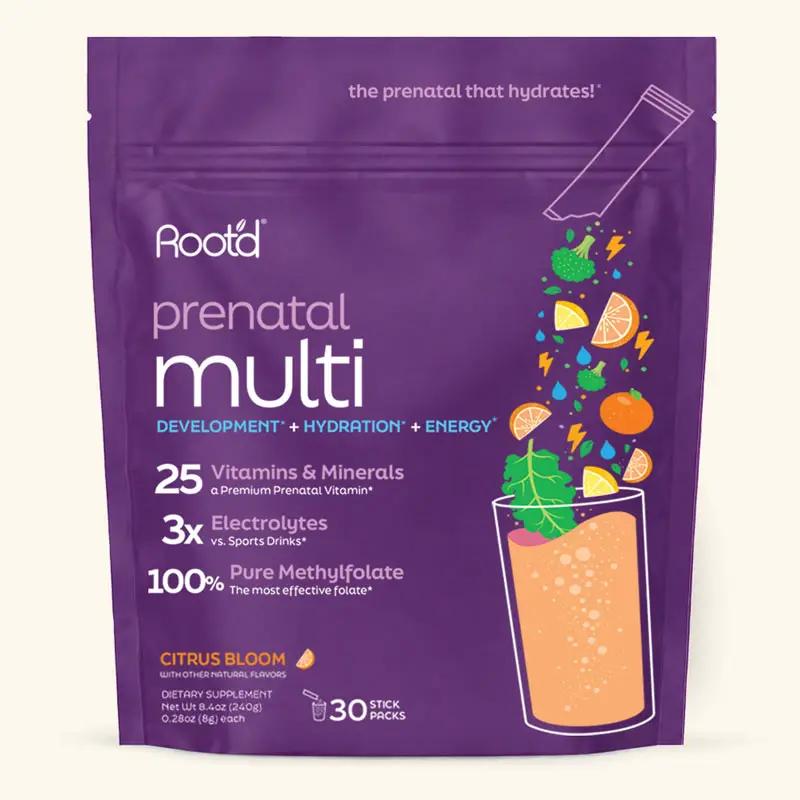 Root'd prenatal multivitamin pouch in purple with citrus bloom, 25 vitamins & minerals on Tampa Home & Garden Store