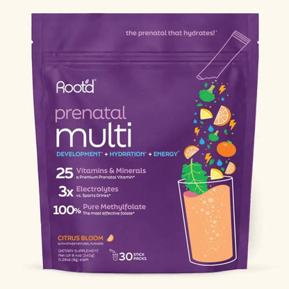 Root'd prenatal multivitamin pouch in purple with citrus bloom, 25 vitamins & minerals on Tampa Home & Garden Store