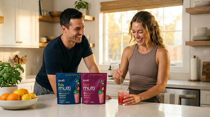 Root'd Couples’ Wellness Pack multivitamins for him & her, two blue & pink pouches on Tampa Home & Garden Store