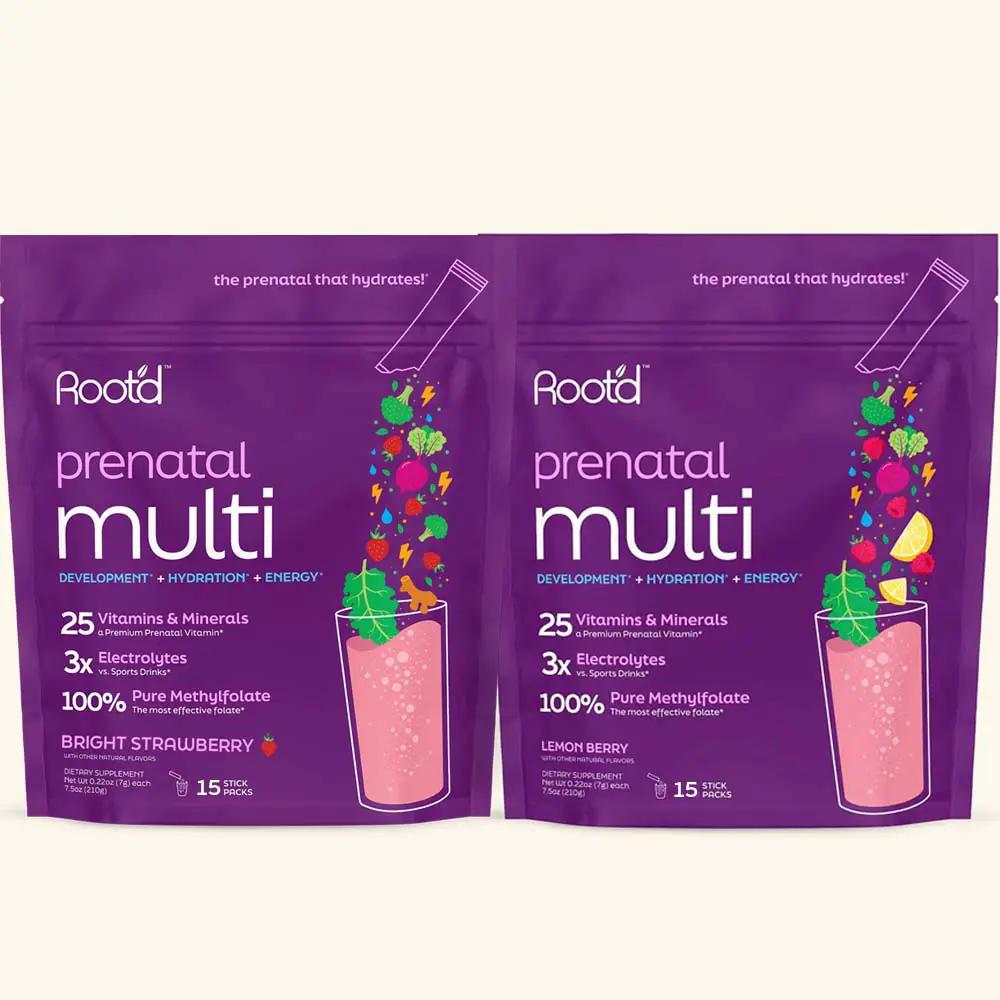 Root'd prenatal multi with electrolytes, 2 purple pouches in Bright Strawberry & Lemon Berry on Tampa Home & Garden Store