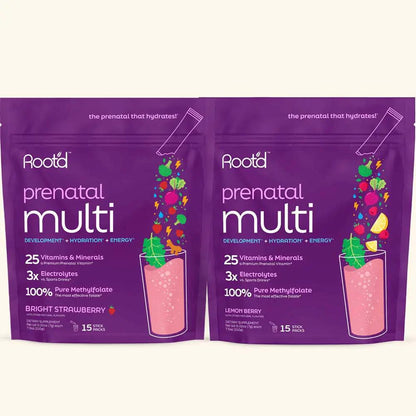 Root'd prenatal multi with electrolytes, 2 purple pouches in Bright Strawberry & Lemon Berry on Tampa Home & Garden Store