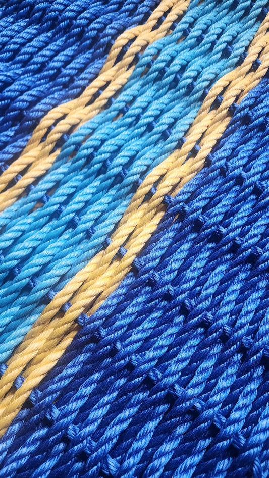 Rope Mat made with Lobster Rope, Two Tone Blue, Yellow accent - Tampa Home & Garden Store