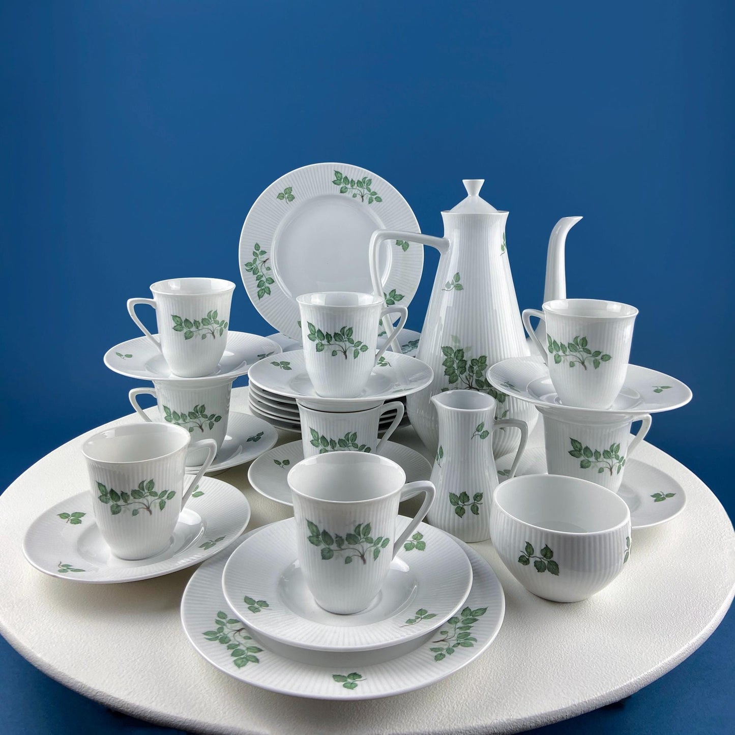 Rorstrand Rodos Espresso Dessert Modern Dish Set. 1900's Swedish Coffee Breakfast Set for 11. Leaf Motif. Dining Tea Room Table Decor. - Tampa Home & Garden Store