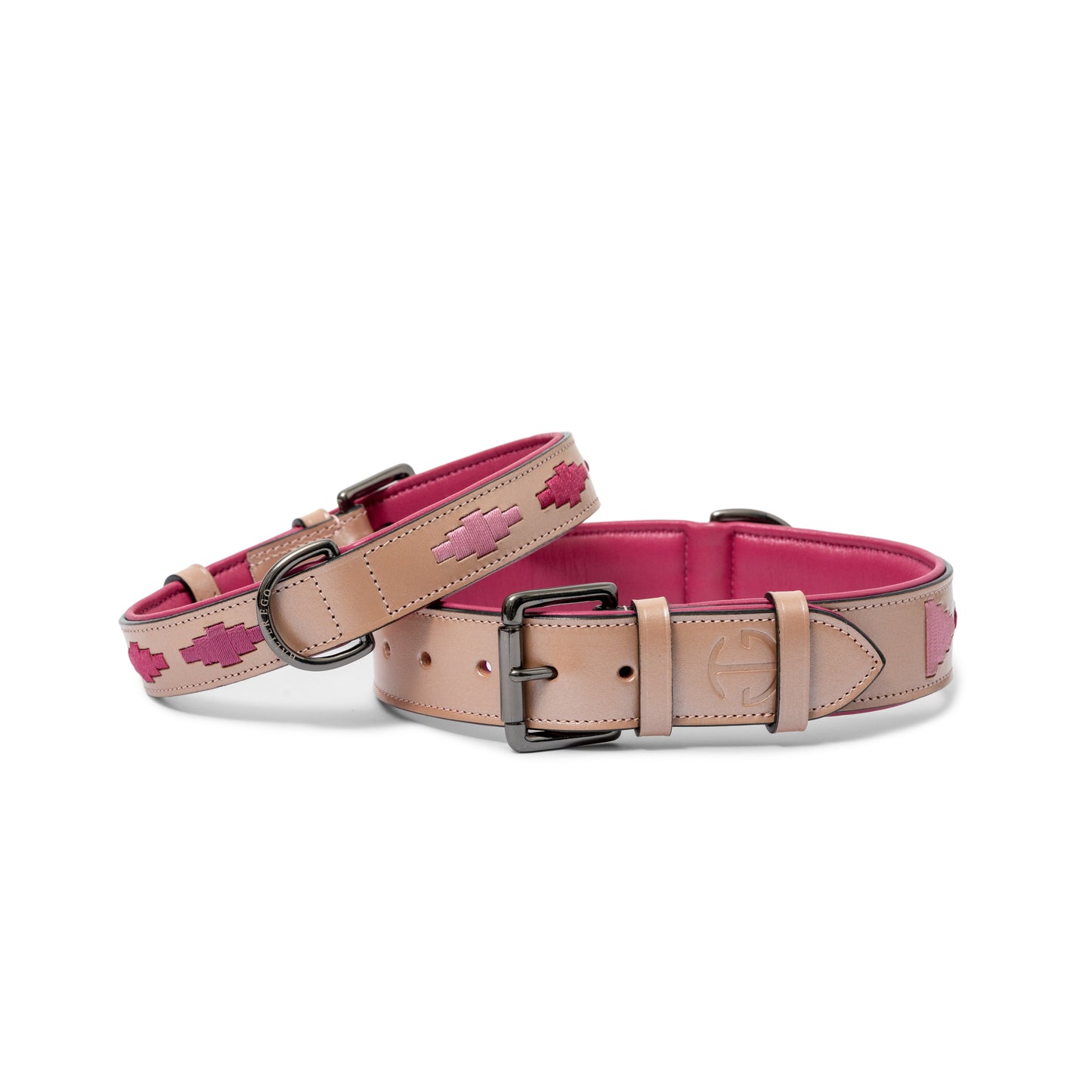 Rosé Lumière Leather Dog Collar by Halter Ego in pink and tan with cross-stitch accents on Tampa Home & Garden Store