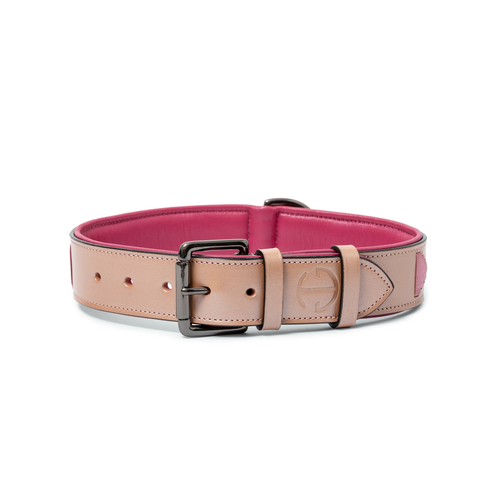 Rosé Lumière leather dog collar by Halter Ego, pink-tan leather with metal buckle on Tampa Home & Garden Store
