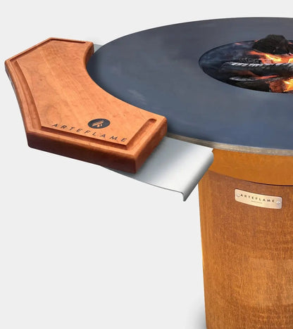 Arteflame 40 Inch Grill Griddle Combo with Base, round gray griddle on wooden base on Tampa Home & Garden Store