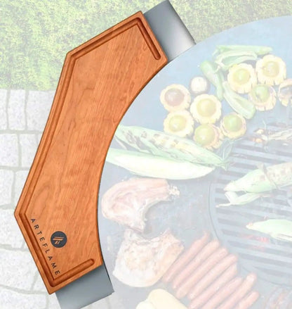Arteflame cherry wood cutting block for 30-inch grill with groove and logo on round grill on Tampa Home & Garden Store