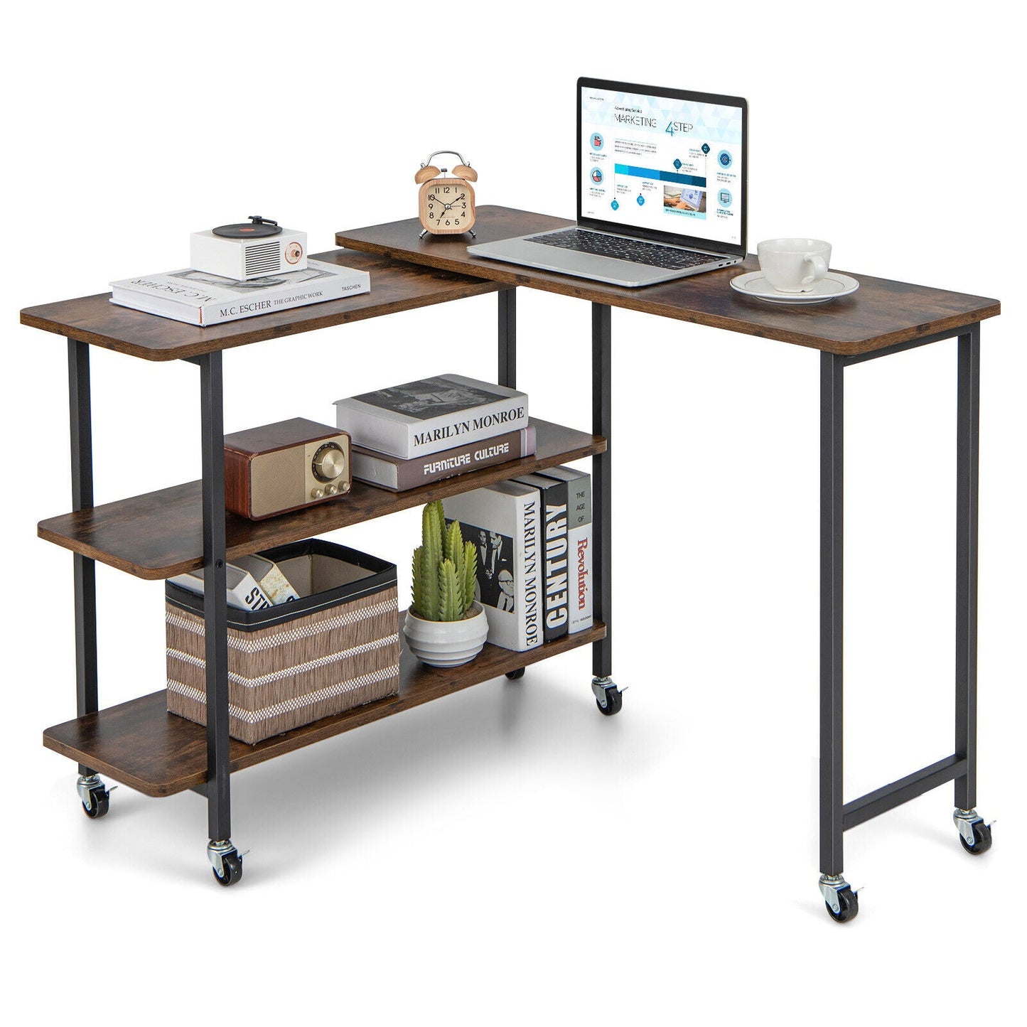 Mesa auxiliar de sofá giratoria 360° con estantes de almacenamiento de 2 niveles - Marrón