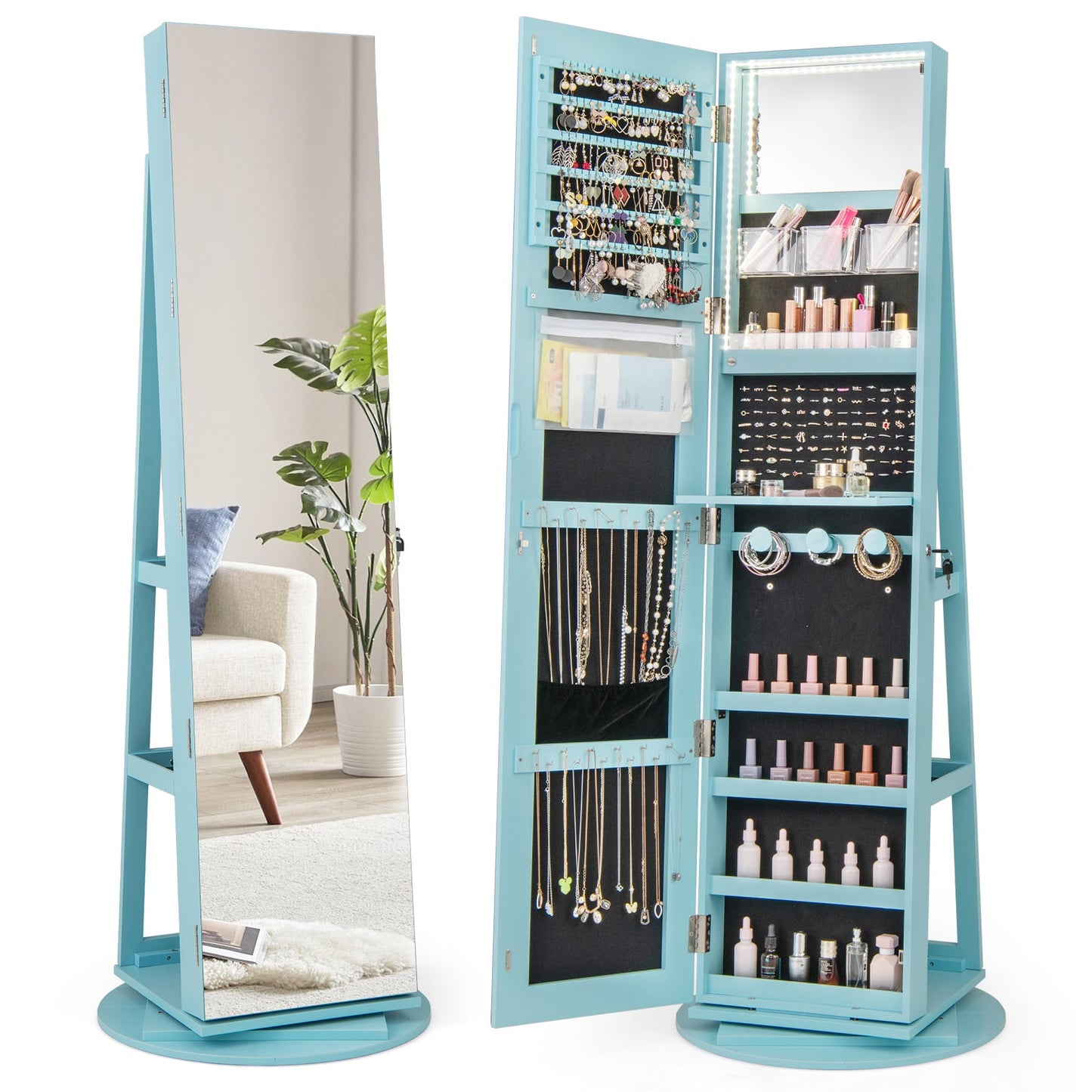 360° Rotating Mirrored Jewelry Cabinet Armoire 3 Color LED Modes Lockable-Dark Brown
