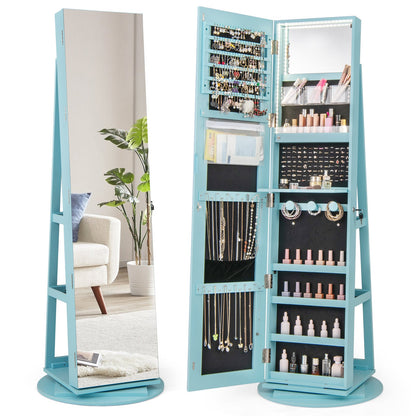 360° Rotating Mirrored Jewelry Cabinet Armoire 3 Color LED Modes Lockable-Dark Brown