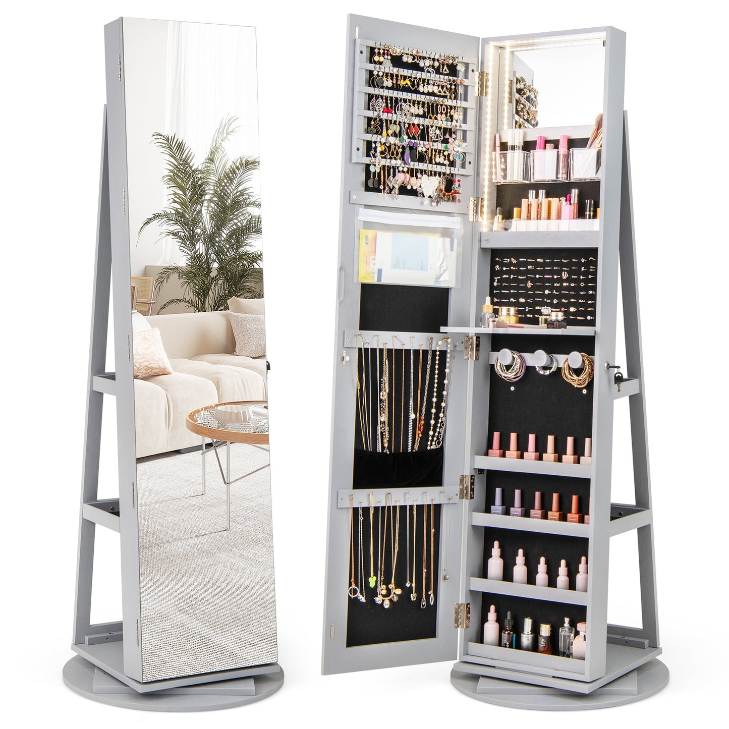 360° Rotating Mirrored Jewelry Cabinet Armoire 3 Color LED Modes Lockable-Dark Brown