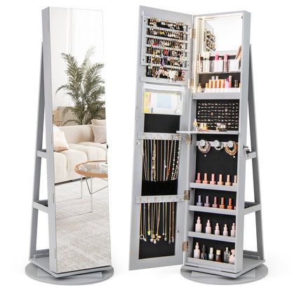 360° Rotating Mirrored Jewelry Cabinet Armoire 3 Color LED Modes Lockable-Dark Brown