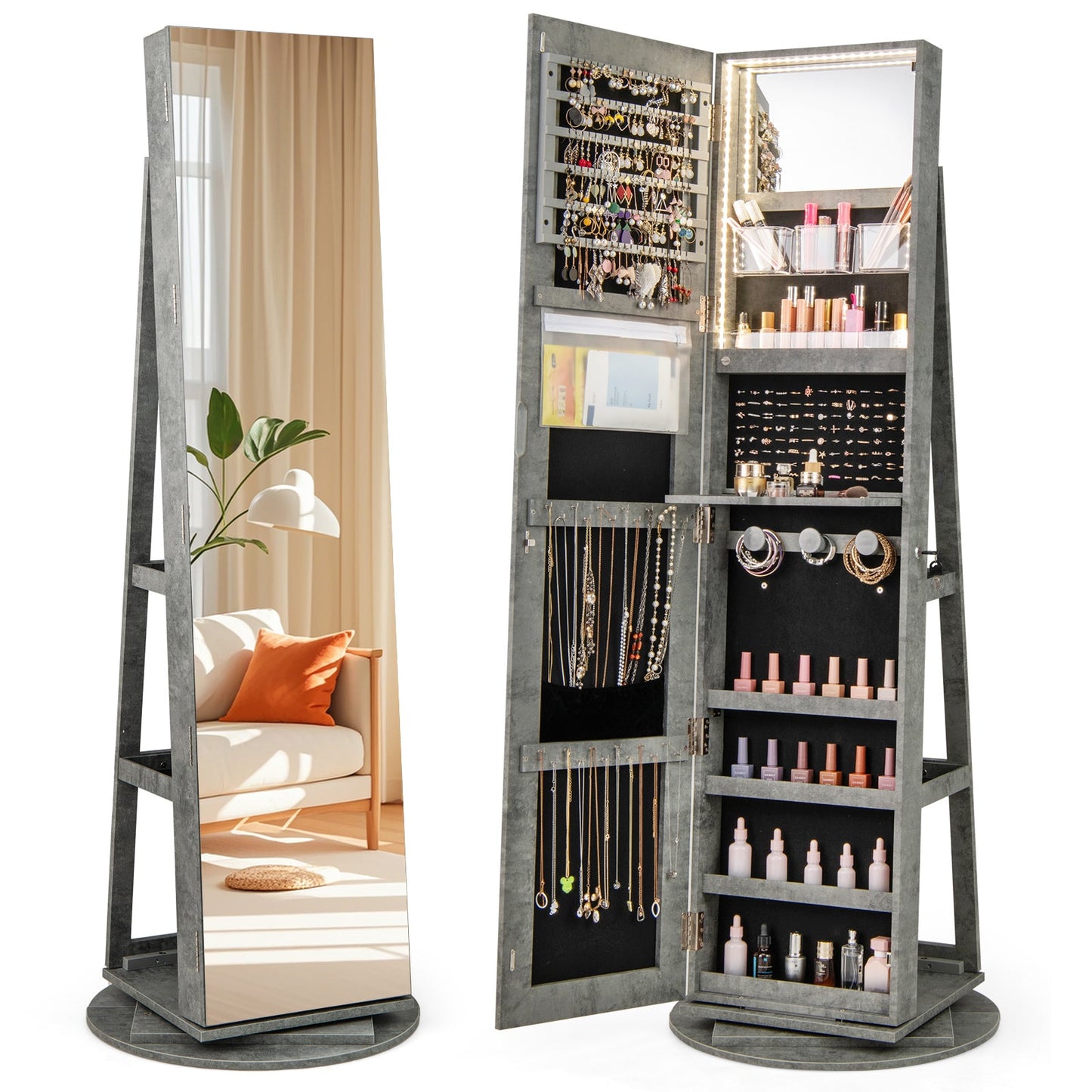 360° Rotating Mirrored Jewelry Cabinet Armoire 3 Color LED Modes Lockable-Dark Brown