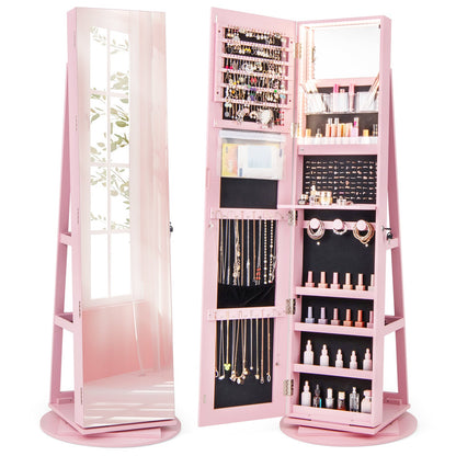 360° Rotating Mirrored Jewelry Cabinet Armoire 3 Color LED Modes Lockable-Dark Brown