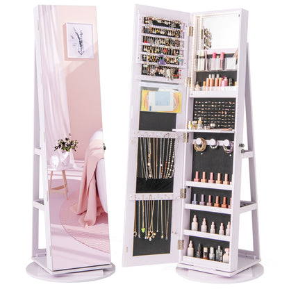 360° Rotating Mirrored Jewelry Cabinet Armoire 3 Color LED Modes Lockable-Dark Brown