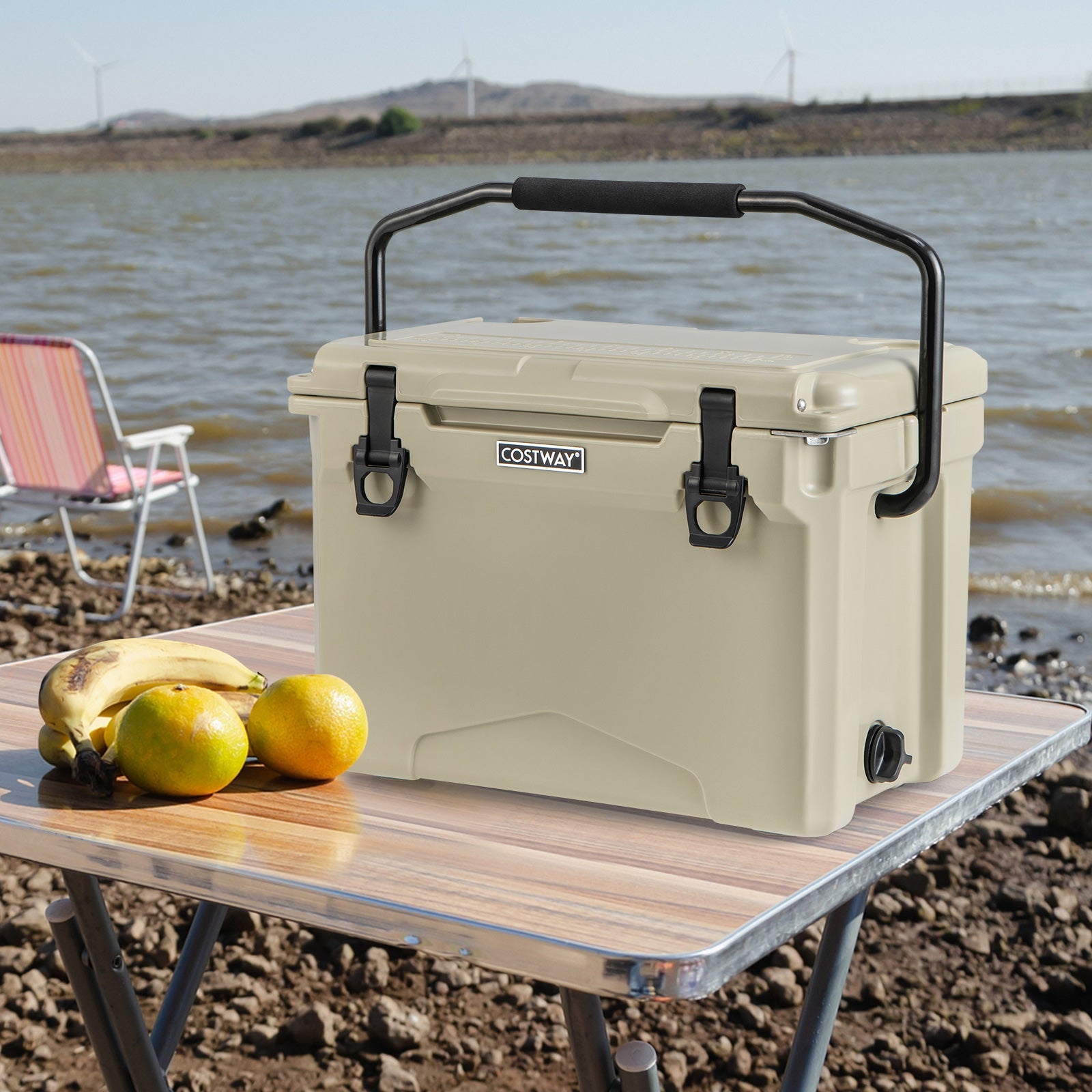 Costway 25 qt hard cooler with aluminum handle and integrated cup holders, beige on Tampa Home & Garden Store