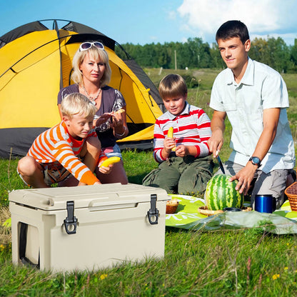 Rotomolded cooler with integrated cup holders and bottle opener GemGear at a campsite picnic on Tampa Home & Garden Store