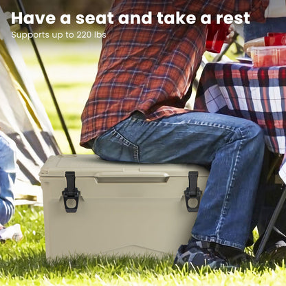 GemGear rotomolded beige cooler with cup holders and bottle opener in outdoor camping scene on Tampa Home & Garden Store