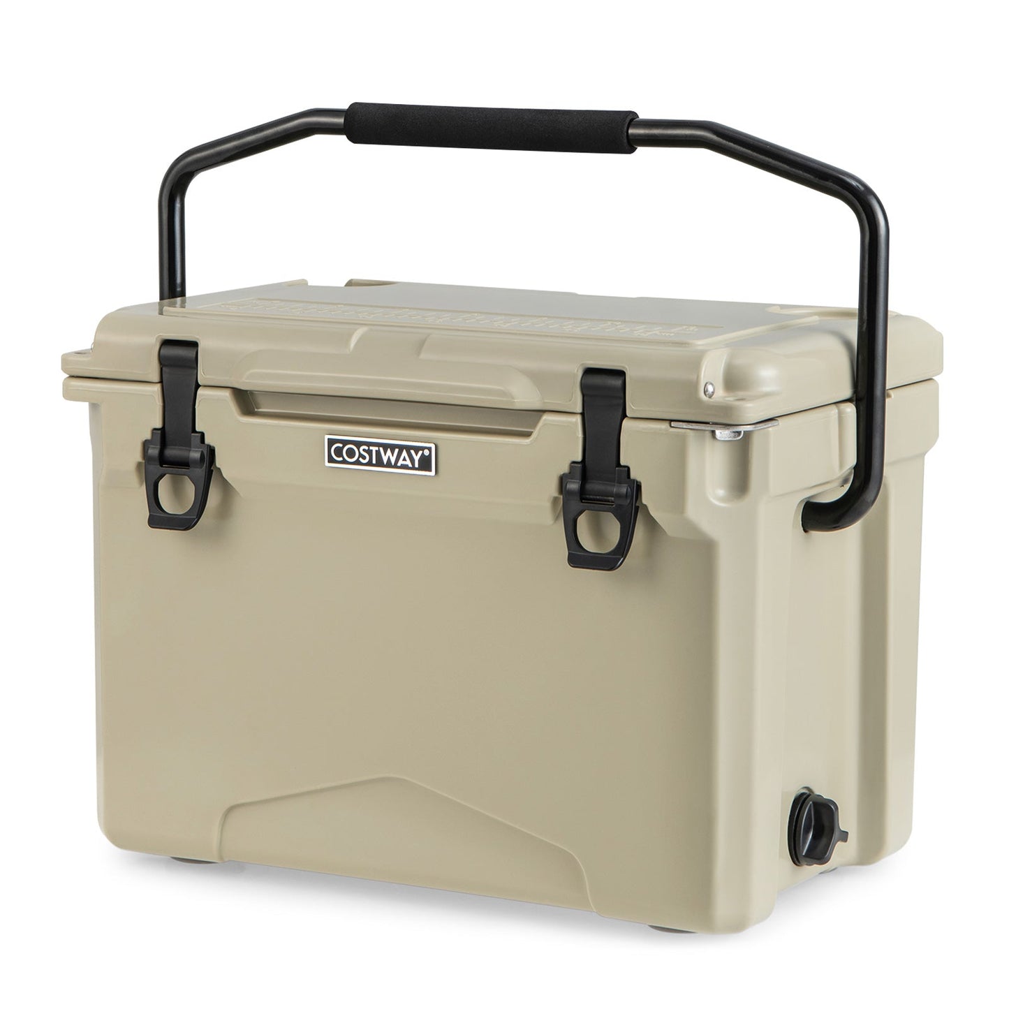 25 qt hard cooler with aluminum handle, integrated cup holders, beige body, black latches on Tampa Home & Garden Store