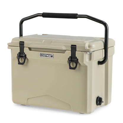 25 qt hard cooler with aluminum handle, integrated cup holders, beige body, black latches on Tampa Home & Garden Store
