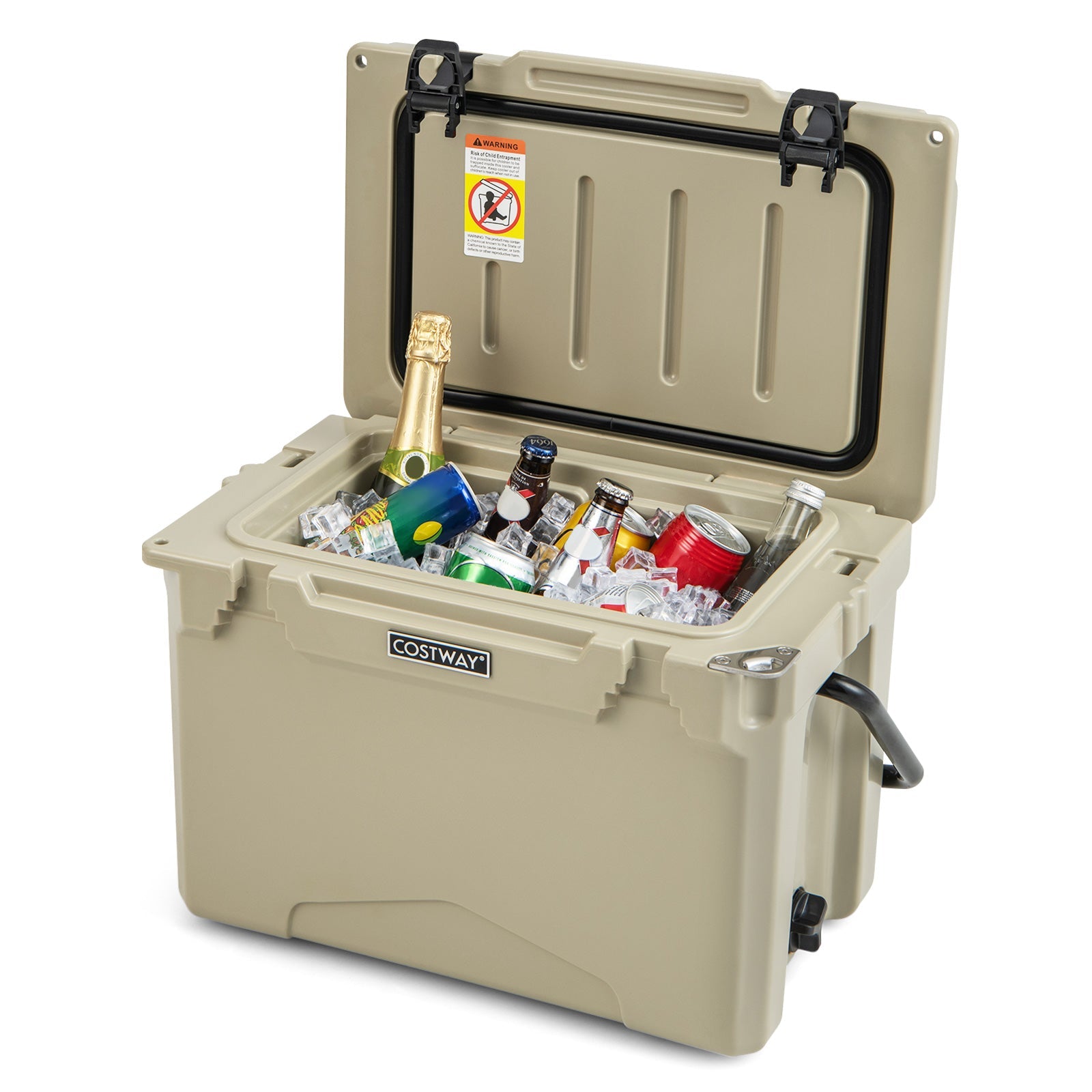 25 qt hard cooler by Costway with aluminum handle and integrated cup holders, tan on Tampa Home & Garden Store