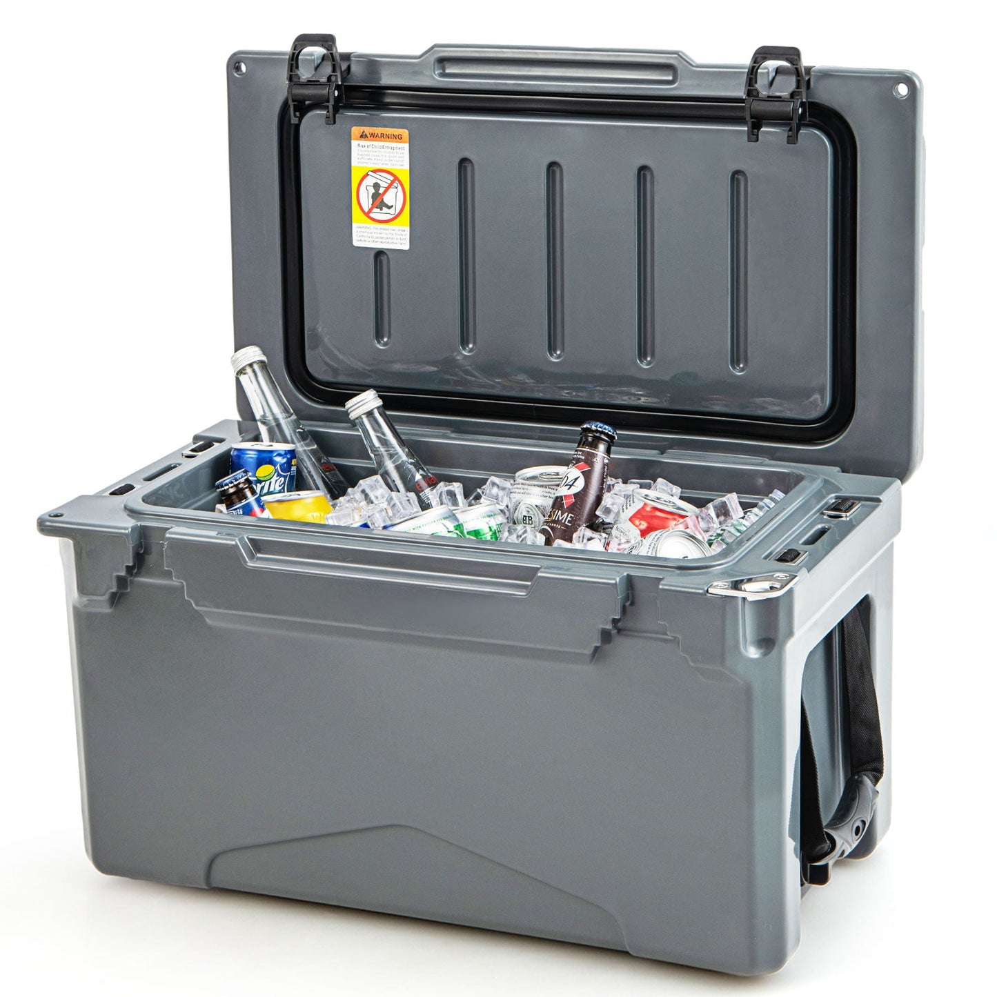 Rotomolded cooler by GemGear with integrated cup holders and bottle opener open with beverages on Tampa Home & Garden Store
