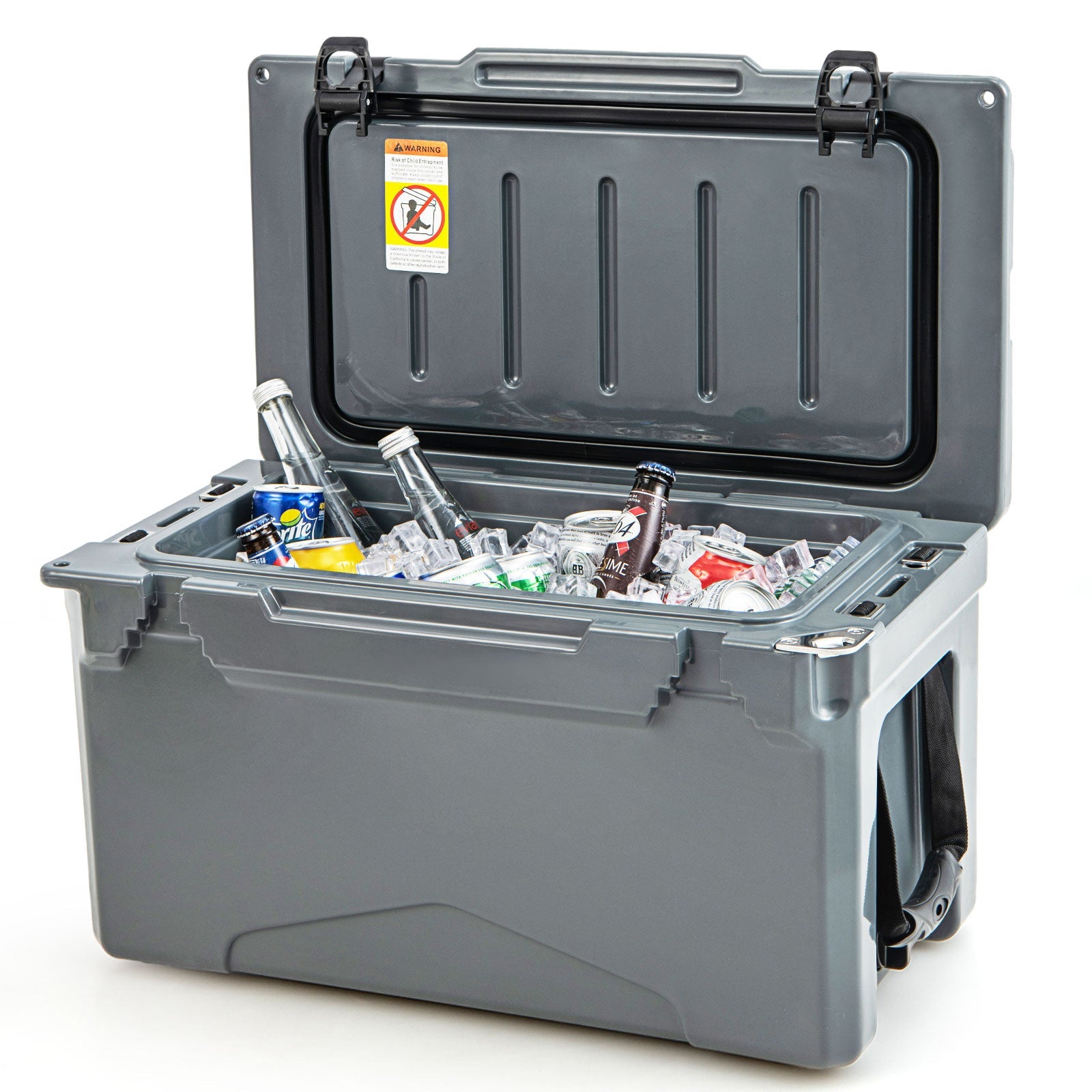 Rotomolded cooler by GemGear with integrated cup holders and bottle opener open with beverages on Tampa Home & Garden Store