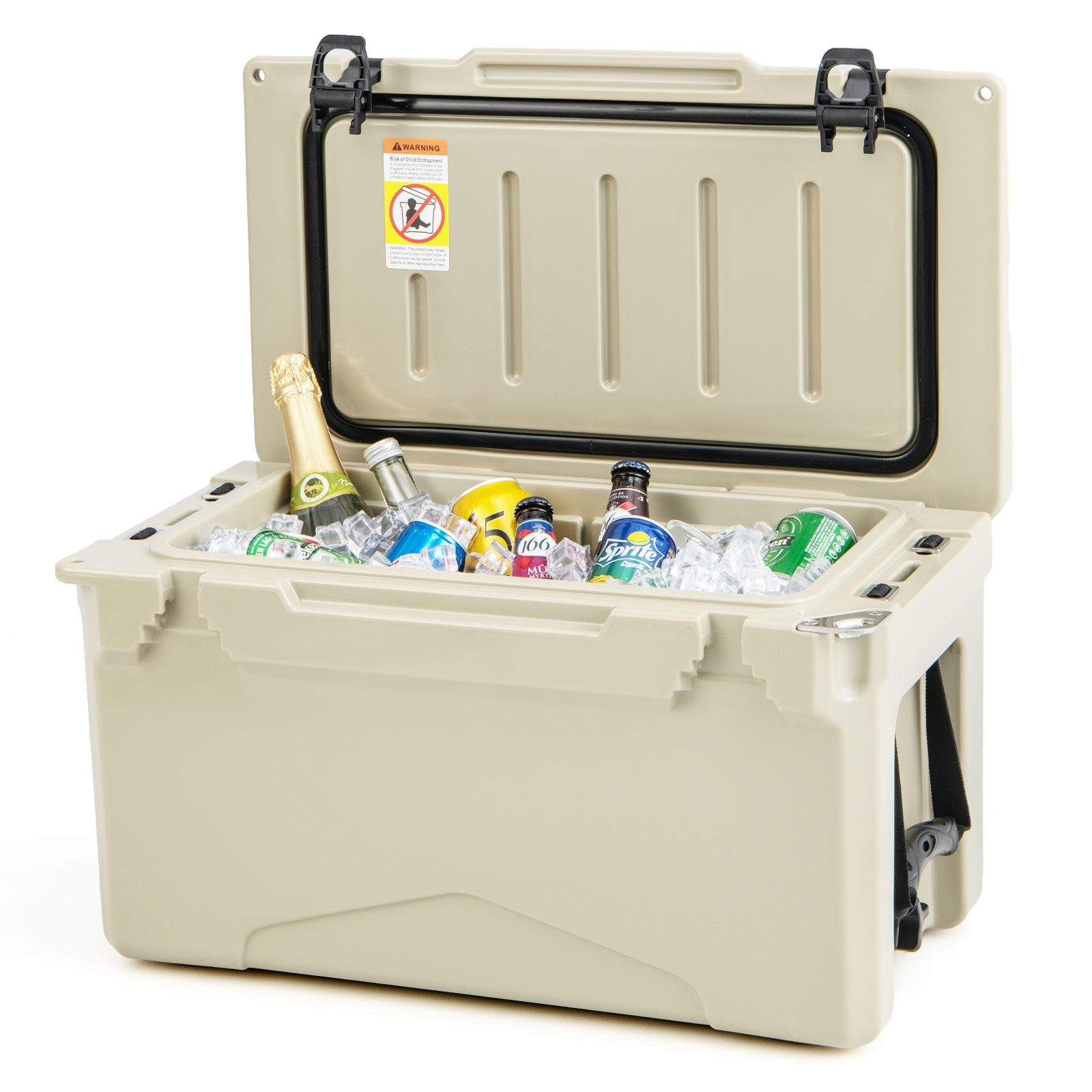 GemGear tan rotomolded cooler with integrated cup holders and bottle opener, open lid with ice on Tampa Home & Garden Store