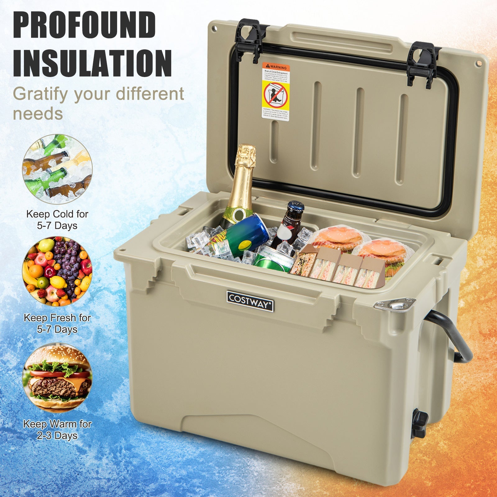 GemGear 25 qt hard cooler with aluminum handle and cup holders, tan with Costway logo on Tampa Home & Garden Store